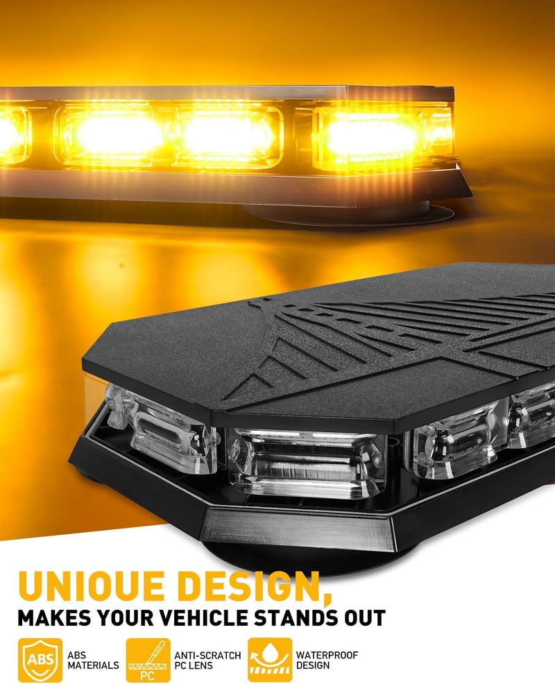 HLauto 406D Rooftop Emergency Strobe Lights Bar, 102 LED Amber Mini Beacon Safety Flashing Warning Traffic Lights Bar w/Magnetic Base for 12-24V Trucks, Construction Vehicles, Snowplow, Cars - Image 2